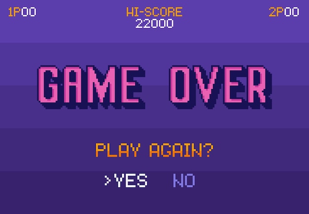 Pixel art Game Over screen Play again question with yes no options 8 bit gaming death pop up vector Illustration