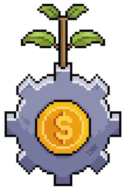 Vector pixel art gear with coin and plant vector icon for 8bit game on white background