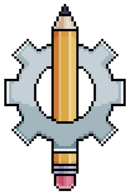 Pixel art gear with pencil, concept of ideas and creativity vector icon for 8bit game