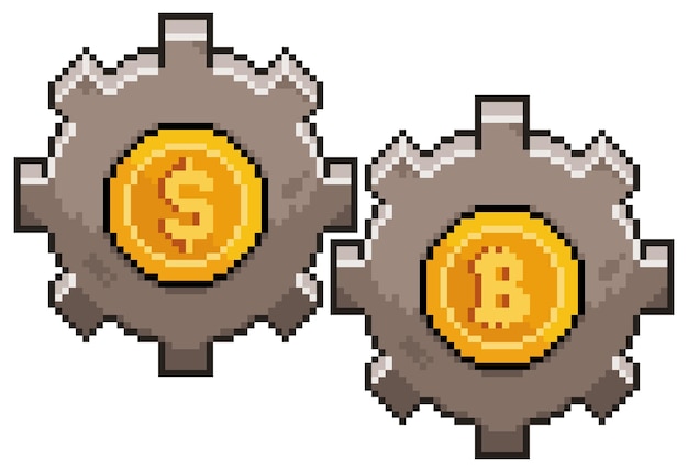 Pixel art geld en bitcoin gear investering in cryptocurrencies vector icoon voor 8bit game