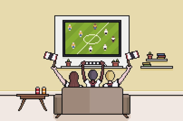 Tifosi tedeschi di pixel art che guardano la coppa del mondo di calcio nel gioco di sfondo del soggiorno a 8 bit