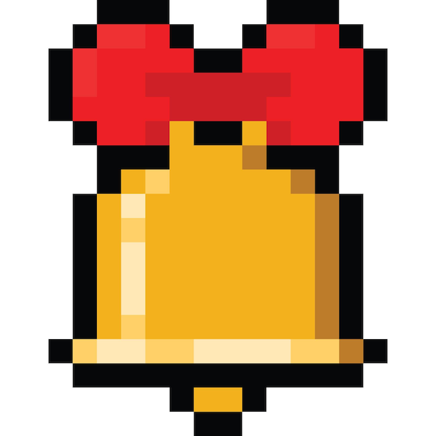 Vector pixel art gold bell with red ribbon icon 4