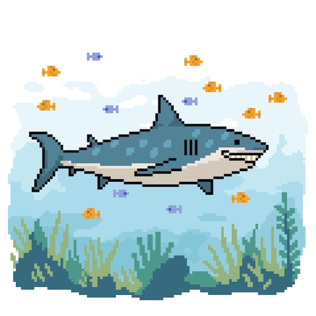 Vector pixel art haai zwemmen onder water