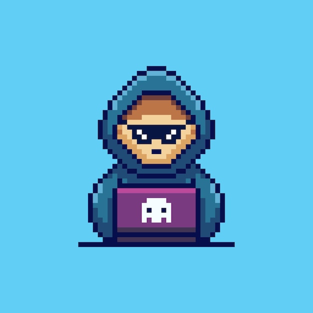 Pixel art Hacker met Laptop in Hood game asset design
