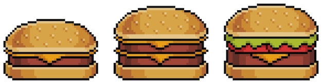 Vettore menu hamburger pixel art cheeseburger double icona vettore cheeseburger per gioco a 8 bit