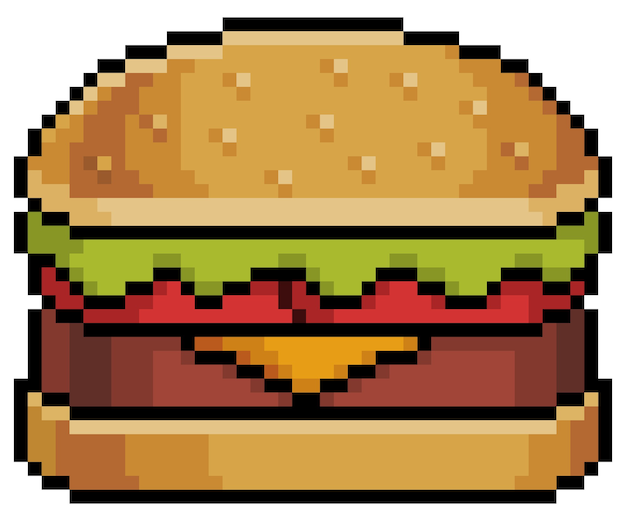 Vettore pixel art hamburger con bistecca di pane, lattuga e pomodoro elemento di gioco su sfondo bianco