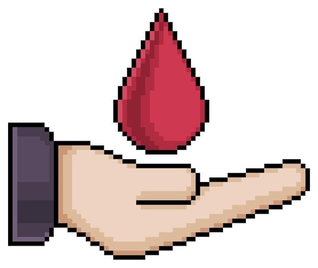 Pixel art mano che tiene goccia di sangue, icona vettore di donazione di sangue per gioco a 8 bit su sfondo bianco