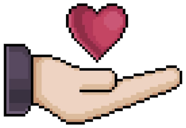 Pixel art mano che tiene icona del vettore del cuore per il gioco a 8 bit su sfondo bianco