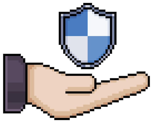 Pixel art hand holding shield vector icon for 8bit game on white background