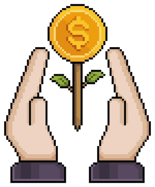 Pixel art handen met geld plant vector pictogram voor 8-bits spel op witte achtergrond