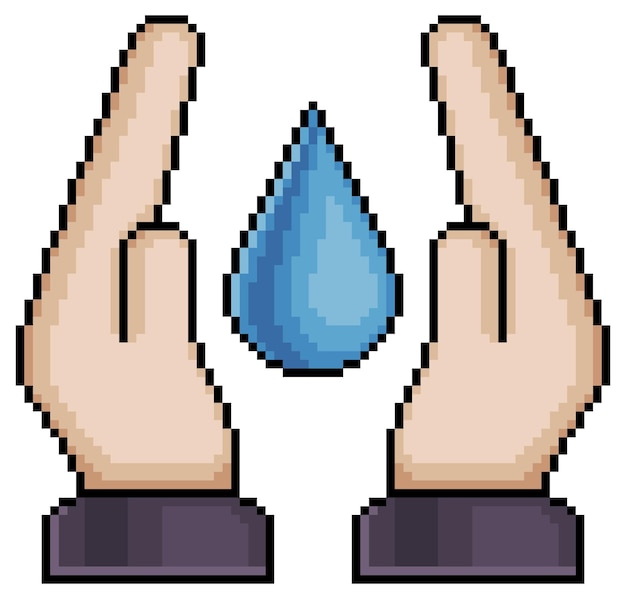 Pixel art hands holding water drop vector icon for 8bit game on white background