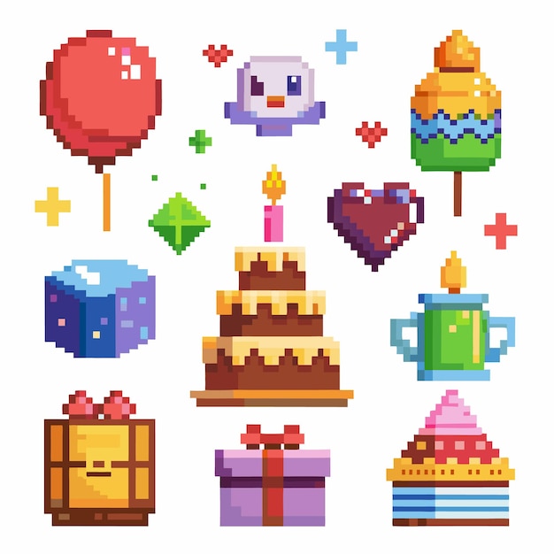 Pixel art happy birthday elementen collectie presenteer ballon feestje icoon set kleurrijk