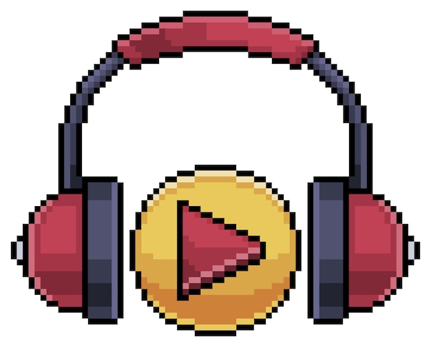 Pixel art headphone with play icon, headset vector icon for 8bit game on white background