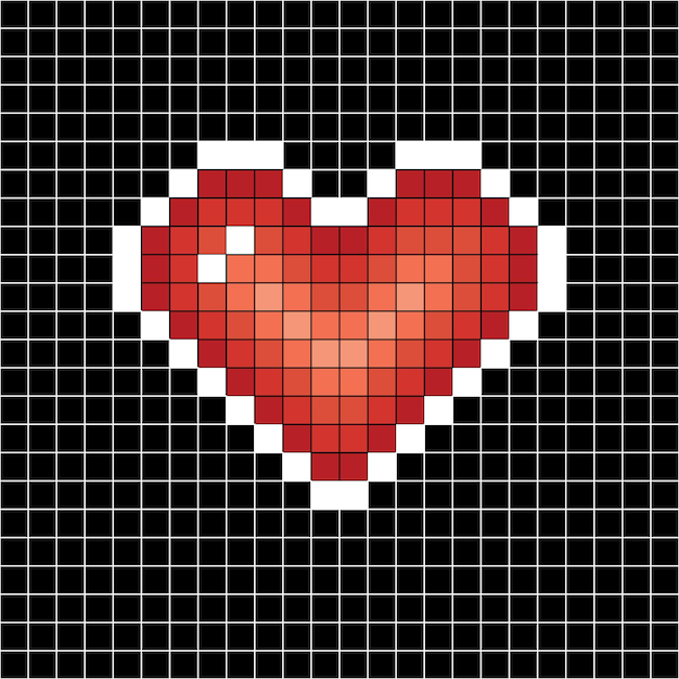 Pixel art cuore segno d'amore su nero in cella bianca