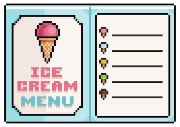 Vector pixel art ice cream menu, open paper menu vector icon for 8bit game on white background