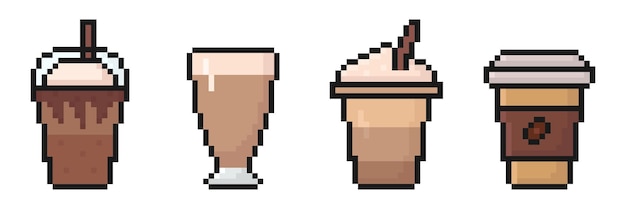 pixel art icoon set koffie latte cappuccino koffiekop macchiato schuim