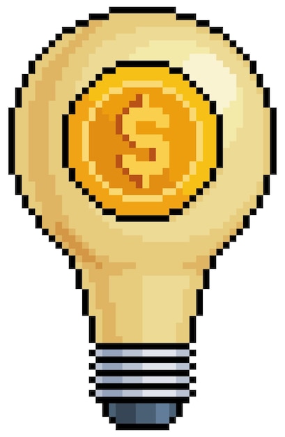 Pixel art investering idee lamp met munt vector pictogram voor 8-bits spel op witte achtergrond