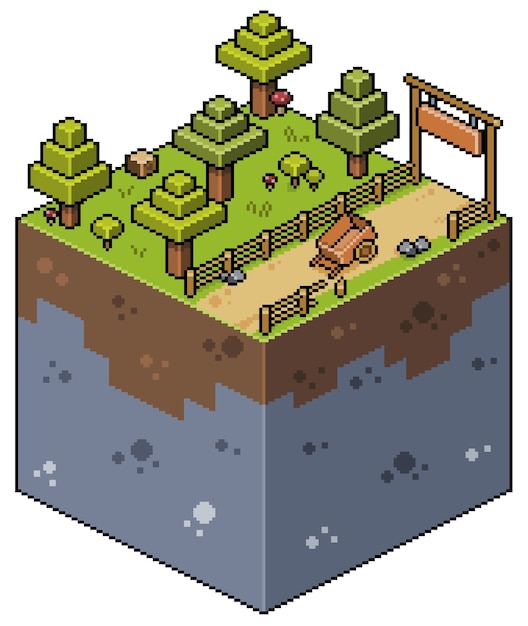 Pixel art isometrico paesaggio agricolo con carro alberi stradali e gioco di recinzione