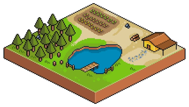 Pixel art isometrische boerderij geïsoleerd op wit