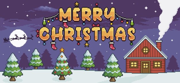 Pixel art kerst landschap tekst merry christmas versierde achtergrond vector voor 8bit game