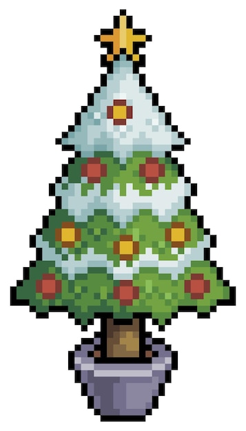 Pixel art kerstboom, met ster en kerstballen vector pictogram voor 8bit spel op witte achtergrond