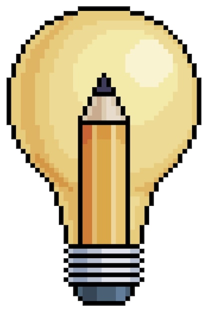 Lampada pixel art con matita icona vettore simbolo del concetto di creatività per gioco a 8 bit su sfondo bianco