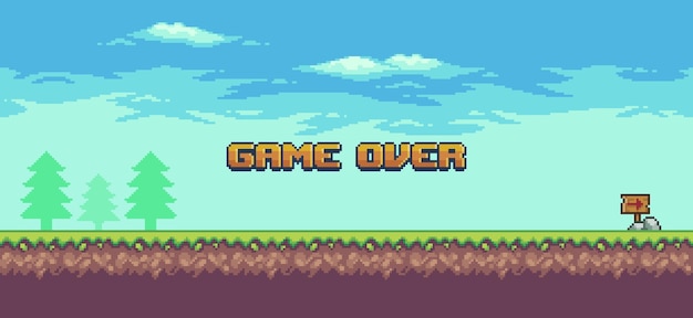 草の木と雲と背景の上のピクセルアート風景8ビットゲームゲーム