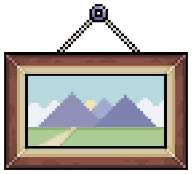 Pixel art landscape painting frame vector icon for 8bit game on white background