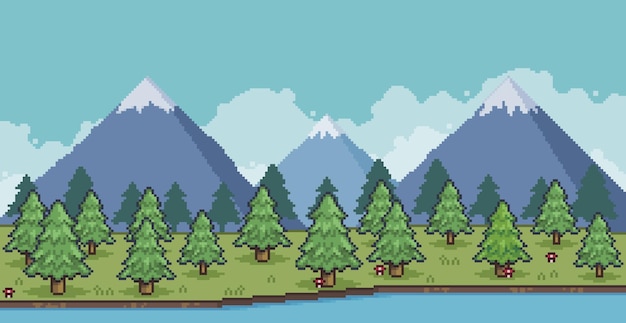 Vector pixel art landscape of pine forest in the mountains with lake and clouds 8 bit game background