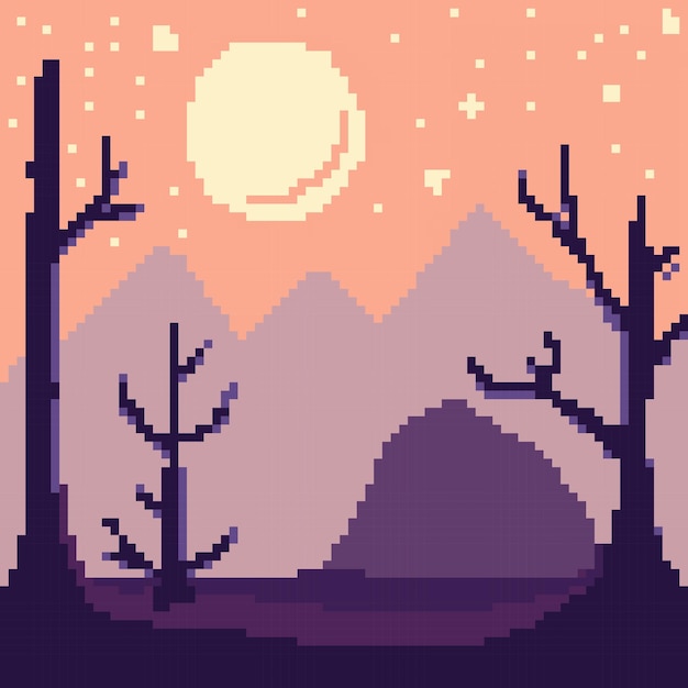 pixel art landscape sunset trees and mountains
