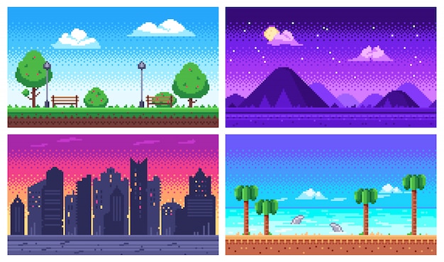 Pixel art landschap. Zomer oceaan strand, 8 bit stadspark, pixel stadsgezicht en hooglanden landschappen arcade game achtergrond