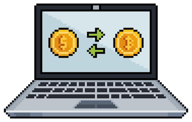 Computer portatile di pixel art che acquista bitcoin trasferimento di dollari a criptovalute bitcoin icona vettoriale a 8 bit