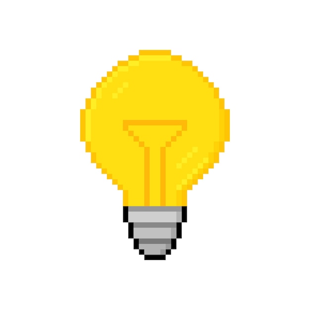 벡터 픽셀 아트 전구 (pixel art light bulb) 8비트 전구 아이콘 개념: 아이디어, 사고, 창의성, 브레인스토밍, 솔루션