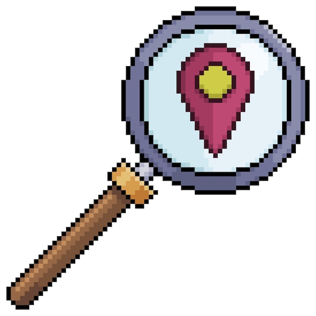 Pixel art magnifying glass searching GPS location vector icon for 8bit game on white background