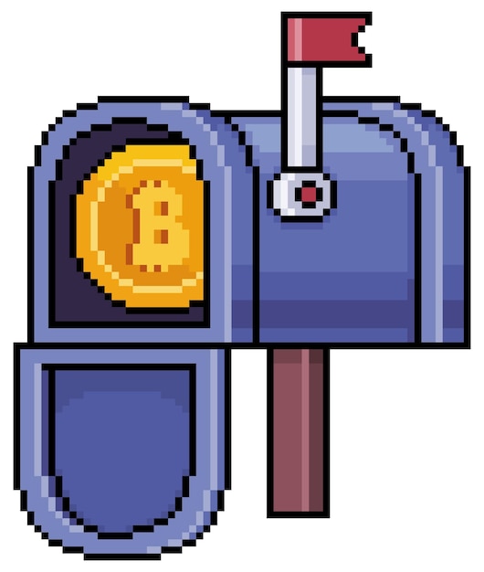 Cassetta postale pixel art con bitcoin icona vettore ordine criptovaluta per gioco a 8 bit su sfondo bianco