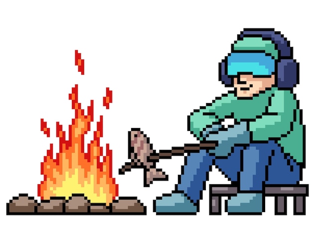 Pixel art man roast fish