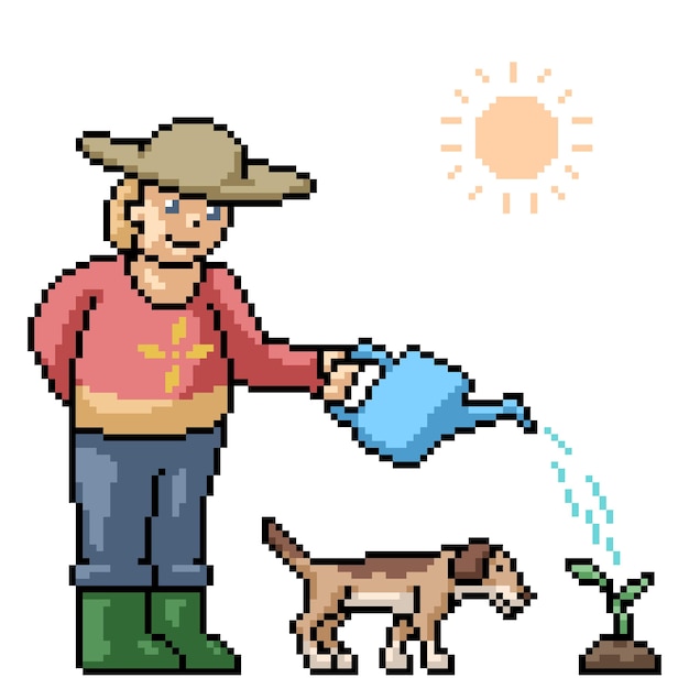 Vector pixel art of man watering plant