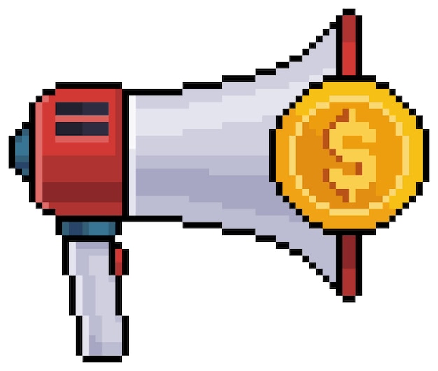 Pixel art megafoon met munt en geld vector pictogram voor 8-bits spel op witte achtergrond