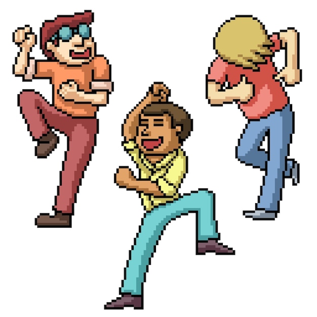 Pixel art of men happy dancing