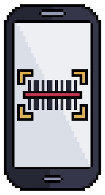 Pixel art mobiele telefoon met barcode op scherm vector pictogram voor 8-bits spel op witte achtergrond