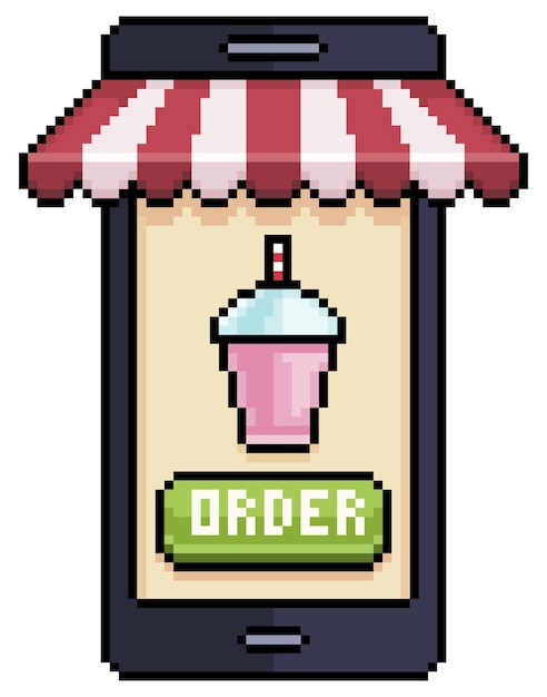 Vector pixel art mobile phone ordering milkshake in food app vector icon for 8bit game on white background