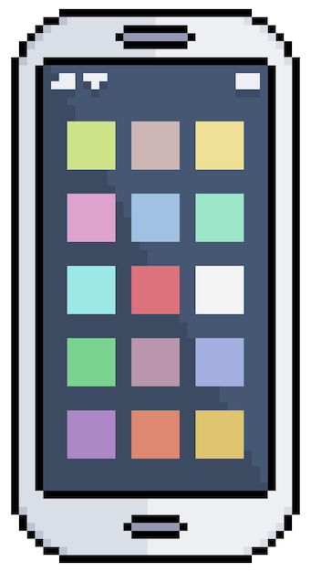 Пиксель арт мобильный телефон с векторной иконкой меню и приложений для 8-битной игры на белом фоне
