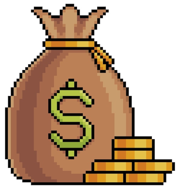 ピクセルアートのお金の袋とコインのスタック。投資、金融、ビジネス。白い背景の上の8ビットゲーム