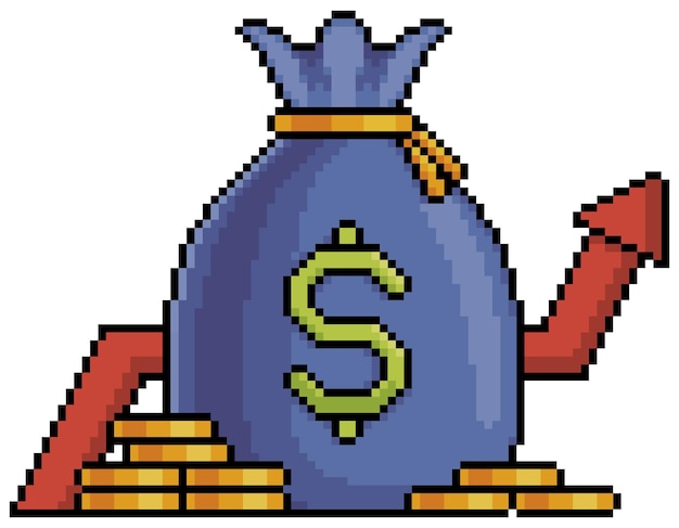 Pixel art money bag with coins and graphic icon for game isolated
