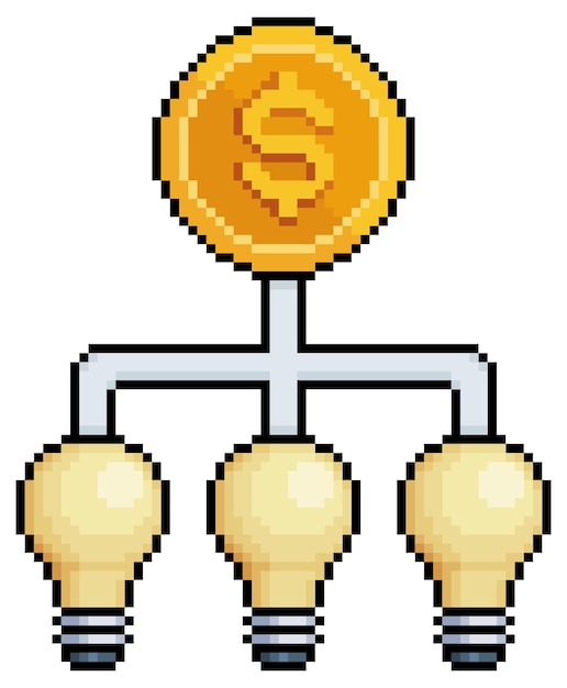 Pixel art munt aangesloten in gloeilampen. financieel investeringsidee vectorpictogram voor 8bit game