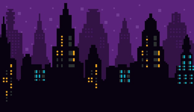 Città notturna di pixel art con paesaggio, cielo, nuvole, silhouette della città, stelle e luna. vettore