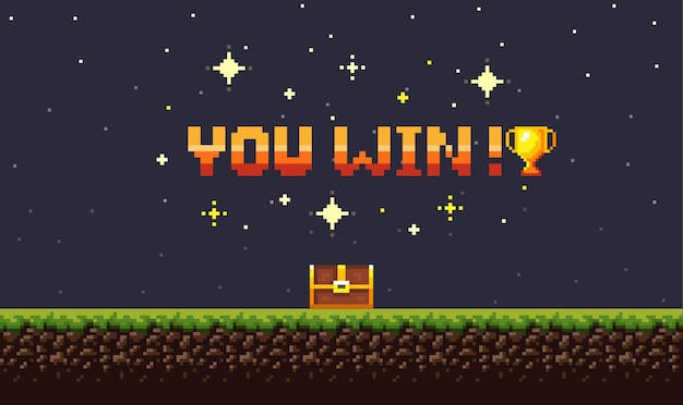 Vector pixel art night game background with grass sky and you won game 8bit text game screen pixel