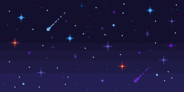 Pixel art night sky Starry space with shooting stars 8 bit pixelated video game galaxy seamless vector background