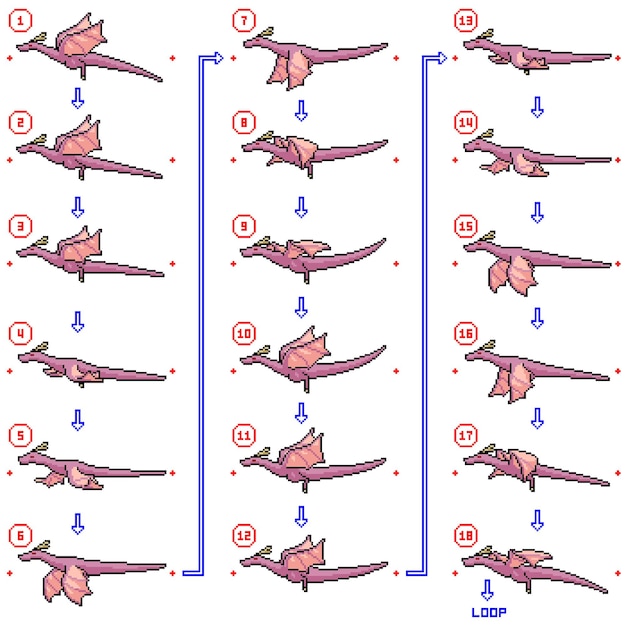 Пиксель арт цикла анимации полета дракона