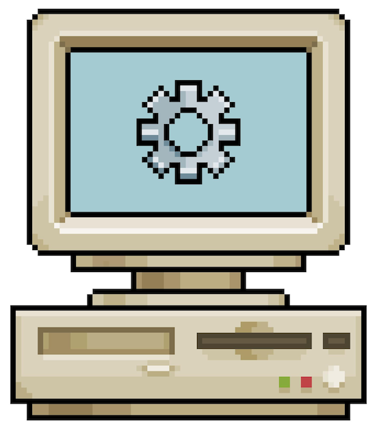 Vecchio computer pixel art con icona vettore icona ingranaggio per gioco a 8 bit su sfondo bianco